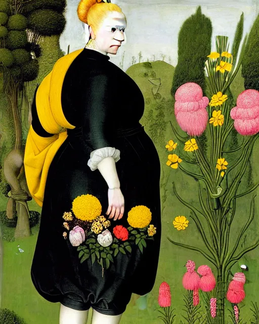 Image similar to portrait of a curvy woman with yellow hair buns, wearing a black raincoat and leggings, standing in a garden full of plants and flowers, intricate details, high detail, in the style of rogier van der weyden and jacopo da pontormo, punk