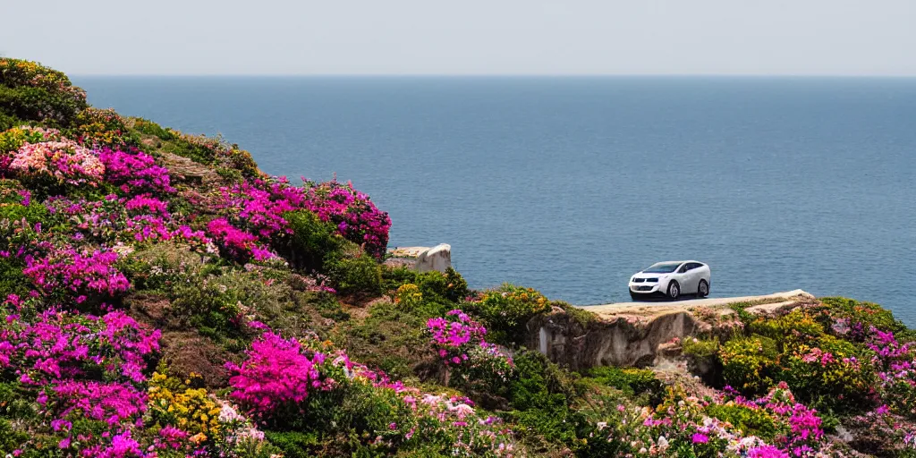 Image similar to A honda civic sitting on a sea cliff, surrounded by flowers