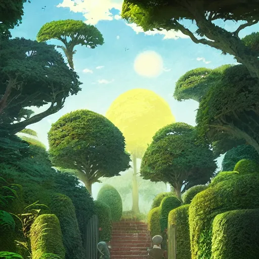 Prompt: A landscape of hedge maze, Studio Ghibli, sun in the sky, animated, anime, illustrated, vibrant, overgrown, by Greg Rutkowski, dungeons and dragons on artstation