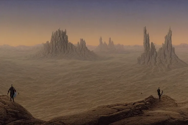 Image similar to intricate, 3 d, endless wastes vast desert, style by caspar david friedrich and wayne barlowe and ted nasmith