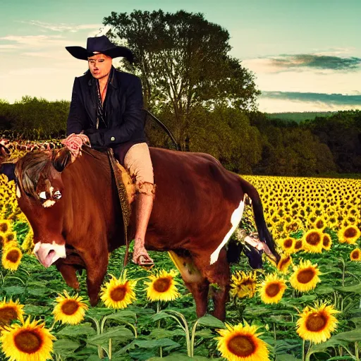 Prompt: Johnny Depp riding a cow in a sunflower field at dawn