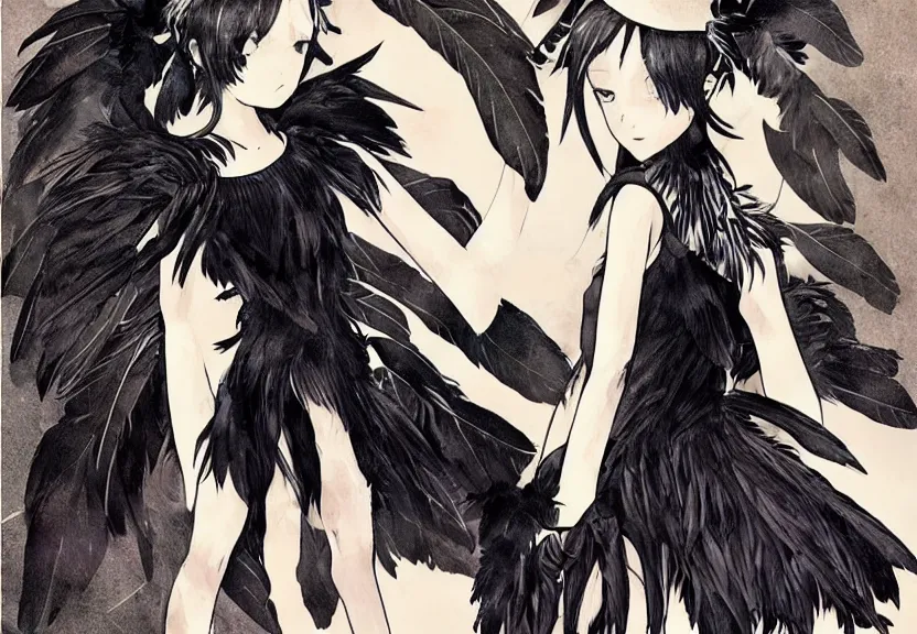 Prompt: little girl with a short black haircut wearing a dress made of black feathers, artwork in the anime style, realistic dark, anatomically perfect