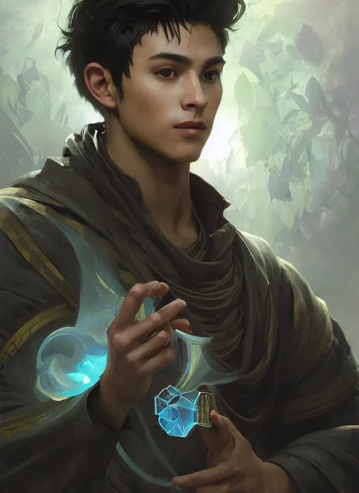 Image similar to character concept portrait of a handsome young heroic hispanic wizard with olive skin casting a love spell, a floating iridescent spell book in the center, intricate, elegant, digital painting, concept art, smooth, sharp focus, illustration, from Metal Gear, by Ruan Jia and Mandy Jurgens and William-Adolphe Bouguereau, Artgerm