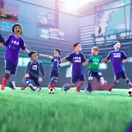 Prompt: kid scored a goal in soccer match and run to celebrate with his team mates. octane, 4 k, cg, unreal engine.