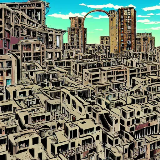 Image similar to The Stalingrad ruins | Colorfull pop art | art by Hirohiko Araki | Hirohiko Araki | Anime wallpaper | funky | colorful | cityscape | destroyed buildings | Stalingrad ruins | digital art