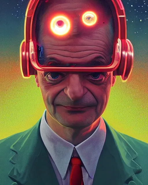 Image similar to mr bean as future coder man looking on, sleek cyclops display over eyes and sleek bright headphoneset, neon accent lights, holographic colors, desaturated headshot portrait digital painting by dean cornwall, rhads, john berkey, tom whalen, alex grey, alphonse mucha, donoto giancola, astronaut cyberpunk electric