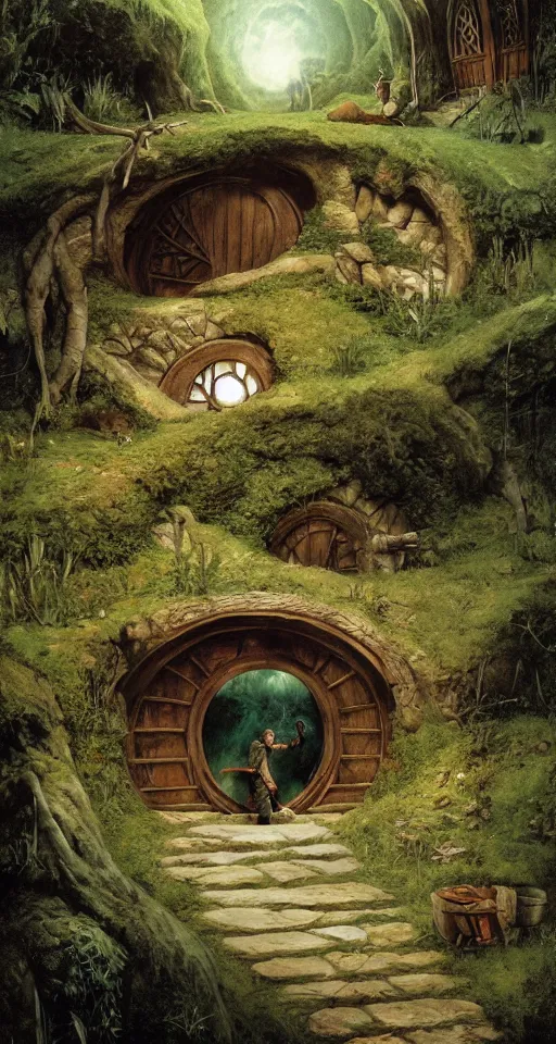 Image similar to concept illustration of a hobbit hole from lord of the rings ', by david mattingly and michael whelan and tim jacobus and francisco goya. realistic 8 k matte painting with photorealistic hd lighting. composition and layout inspired by gregory crewdson and brendon burton.