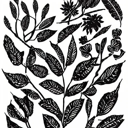 Image similar to block print, botanical art, boho, black ink on white paper
