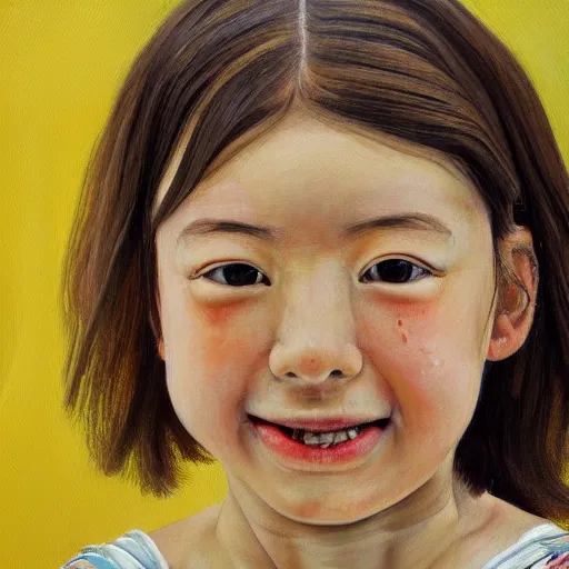 Prompt: high quality high detail painting by lucian freud, hd, smiling cute japanese girl portrait, photorealistic lighting