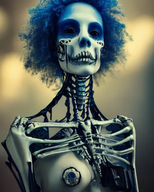 Image similar to natural light, soft focus portrait of a cyberpunk skeletal corpsebride, octane render, tilt shift, polaeized light, blue bioluminescent plastics, smooth shiny metal, elaborate ornate head piece, piercings, skin textures, by annie leibovitz, paul lehr