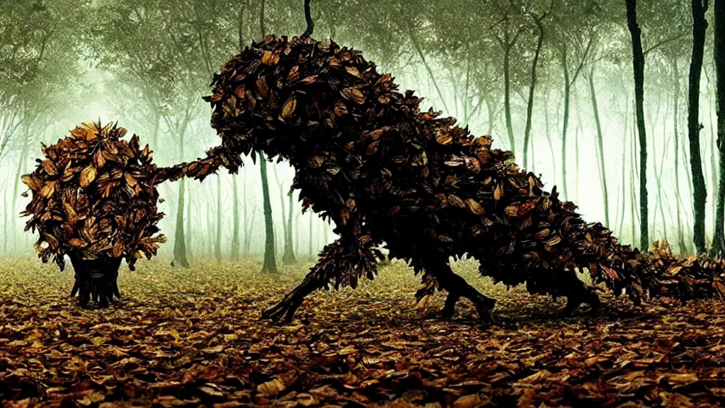 Prompt: the strange creature, made of leaves, film still from the movie directed by Denis Villeneuve with art direction by Salvador Dalí, wide lens