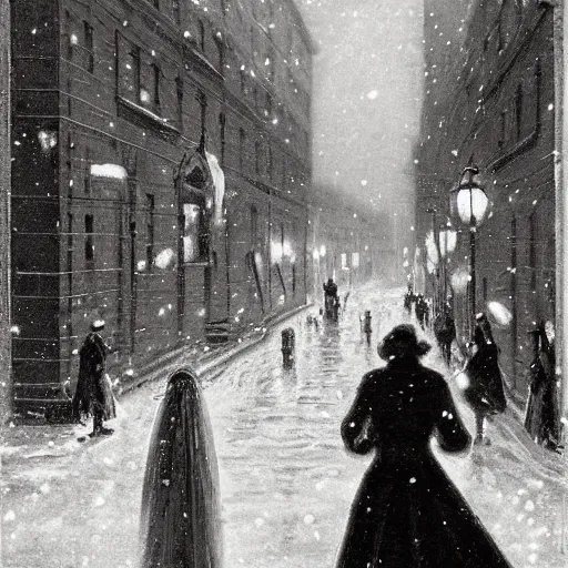 Prompt: woman in a wedding dress walking through the city at night. hyper detailed. socialist realism. beautiful and eerie. it is snowing. 1 9 3 0 s