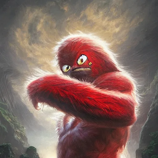 Prompt: a hyperrealistic acrylic portrait of ugandan knuckles by artgerm, beksinski and thomas kinkade. intricate details. front on epic fantasy art.