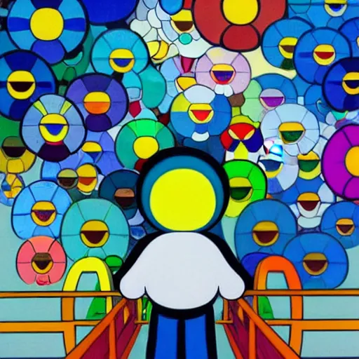 Image similar to man walking across bridge, bright colors, Takashi Murakami, Minimalist,