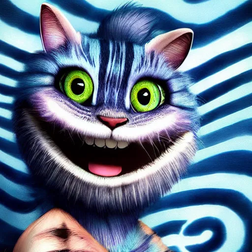 Prompt: cute blue striped cheshire cat. an adorable cat with light blue stripes, blue eyes and a big mischievous smile. stunning digital art by mona sundberg. fluffy, soft