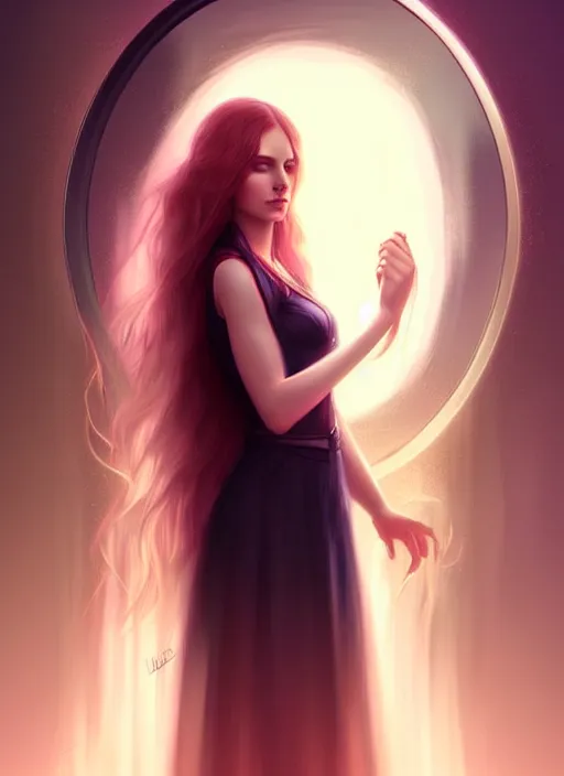 Prompt: a woman with long hair standing in front of a mirror, digital art by charlie bowater, featured on cgsociety, digital art, ethereal, wiccan, mystical