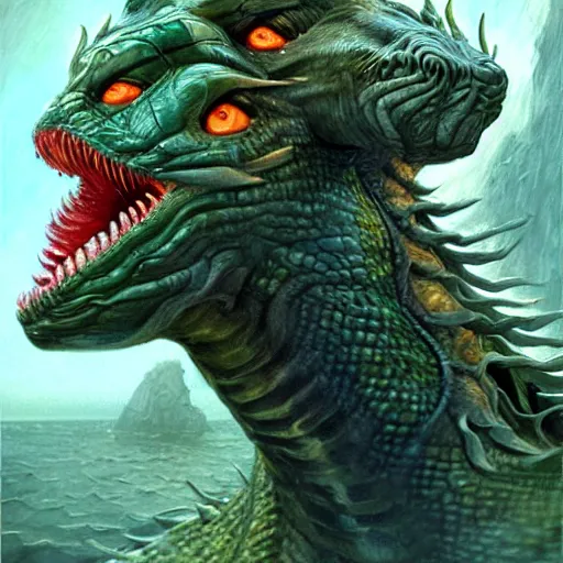 Image similar to hydra of lerna with two heads, one head is jim carey as lloyd christmas, the other head is jeff daniels as harry dunne ( from dumb and dumber ), serpentine water monster, d & d, fantasy, portrait, highly detailed, digital painting, trending on artstation, concept art, sharp focus, illustration, art by artgerm and craig mullins