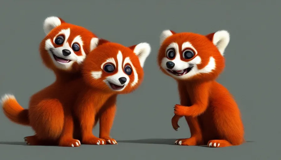 Image similar to very very very cute red pandas by Max Kostenko and Bobby Chiu, disney, pixar, MPC, Framestore, character design for animation, uplight, a lineup of characters, big disney eyes, symmetrical eyes, cuteness, 3d render, octane rendered, rendered by maya and houdini, highly detailed, unreal engine, Trending on Artstation, octane render, 4k, 8k, HD, oil on Canvas by Elena Zhurikhina and Goro Fujita and Charlie Bowater