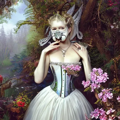 Image similar to A masterpiece ultrarealistic ultradetailed portrait of a Incredibly beautiful angel armored princess knight IN INCREDIBLE FEARFUL sharp poisoned GAS MASK WITH FLOWERS and swarovski crystals. baroque renaissance. in the forest. White amazing corset. medium shot, intricate, elegant, highly detailed. trending on artstation, digital art, by Stanley Artgerm Lau, WLOP, Rossdraws, James Jean, Andrei Riabovitchev, Marc Simonetti, Yoshitaka Amano. background by James Jean and Gustav Klimt, light by Julie Bell, 4k, porcelain skin. BY ZDIZISLAW BEKSINSKI Cinematic concept art