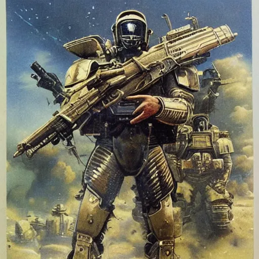 Image similar to schwarzenegger in armored suit and weapons, art by bruce pennington