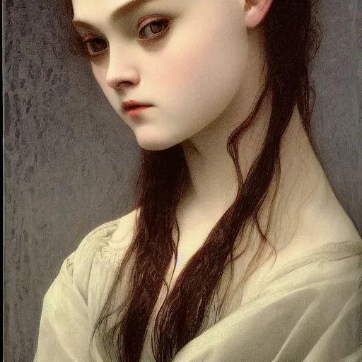 Prompt: A masterpiece head and shoulders scary portrait of Elle Fanning as a vampire by William Adolphe Bouguereau and Junji Ito