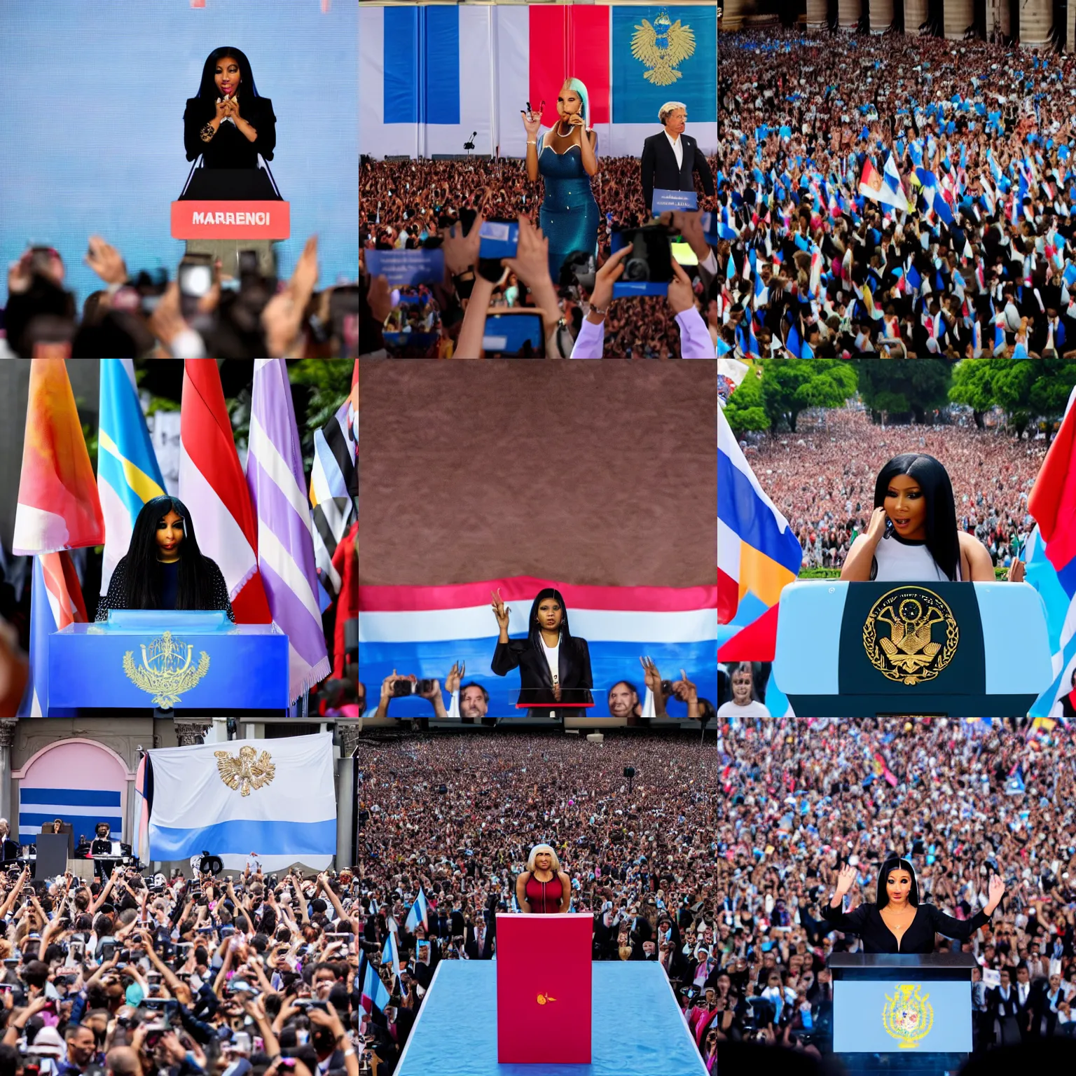 Prompt: Nicki Minaj president of Argentina, giving a speech, Argentina presidential rally, forefront, background out of focus, 100mm, Argentine flags behind her, super detailed picture, hd