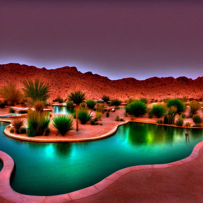 Image similar to hyper realistic, high detail photo of desert oasis, beautiful, dreary lighting