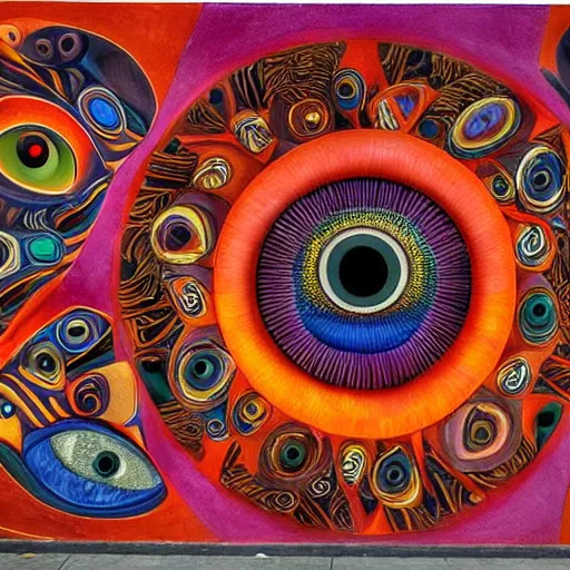 Image similar to A beautiful kinetic sculpture a large eye that is looking directly at the viewer. The eye is composed of a myriad of colors and patterns, and it is surrounded by smaller eyes. The smaller eyes appear to be in a state of hypnosis, and they are looking in different directions. mexican muralism, blood orange by Diego Velázquez somber, daring