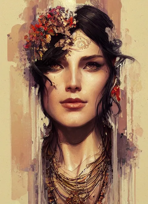 Image similar to a professional painting of an gypsy woman intricate, elegant, digital painting, concept art, smooth, sharp focus, finely detailed illustration, beautifully framed, from Metal Gear, in the style of Artgerm and Greg Rutkowski and William-Adolphe Bouguerea