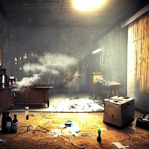 Prompt: photo realistic, cinematic, detailed, room full of smoke, three dark figures, energy drink, ashes, ash trays, cigarettes, smoke, speakerboxes