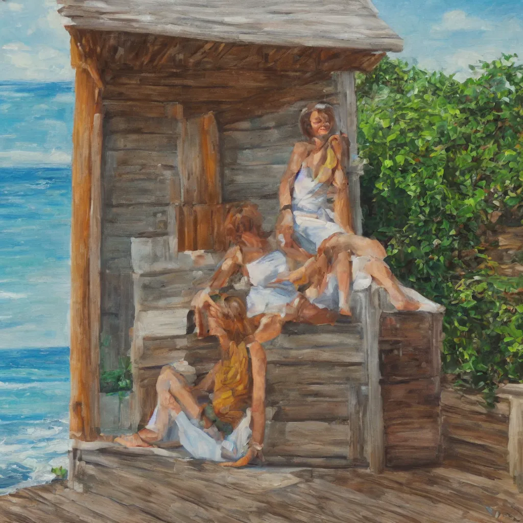 Image similar to a beautiful woman with freckles sitting on the porch of a one-story house in the caribbean watching the sea, realistic, oil on canvas