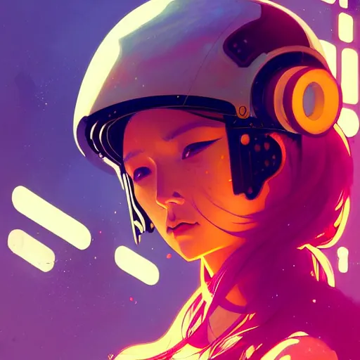 Prompt: a beautiful painting of a cyberpunk girl with a helmet by sachin teng and pascal blanche and heng z and alphonse mucha! and ruan jia! and josan gonzalez!. in style of conceptual art. colorful comic, film noirs, akira, brush stroke, vibrating colors, hyper detailed. octane render. trending on artstation