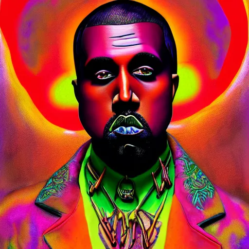 Image similar to an extremely psychedelic portrait of kanye west as marilyn manson, surreal, lsd, face, detailed, intricate, elegant, lithe, highly detailed, digital painting, artstation, concept art, smooth, sharp focus, illustration,