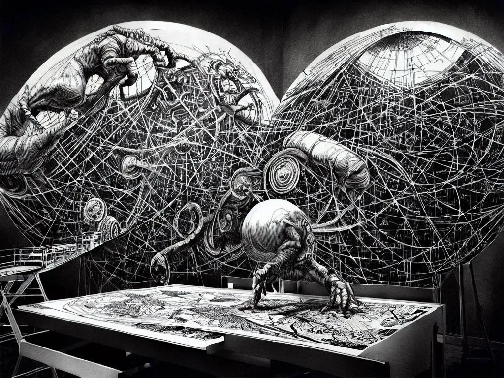 Prompt: highly detailed photo of giant plotter drawing a world, trending on deviantart, neo surrealism, sharp focus, a lot of little details, octane, masterpiece, art by max ernst