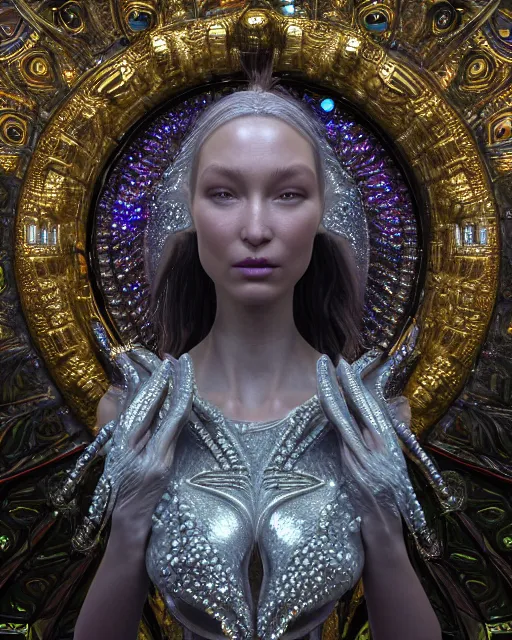 Image similar to a highly detailed metahuman 4 k close up render of an alien goddess bella hadid monument renaissance in iris van herpen dress schiaparelli in diamonds crystals swarovski and jewelry iridescent in style of alphonse mucha gustav klimt trending on artstation made in unreal engine 4