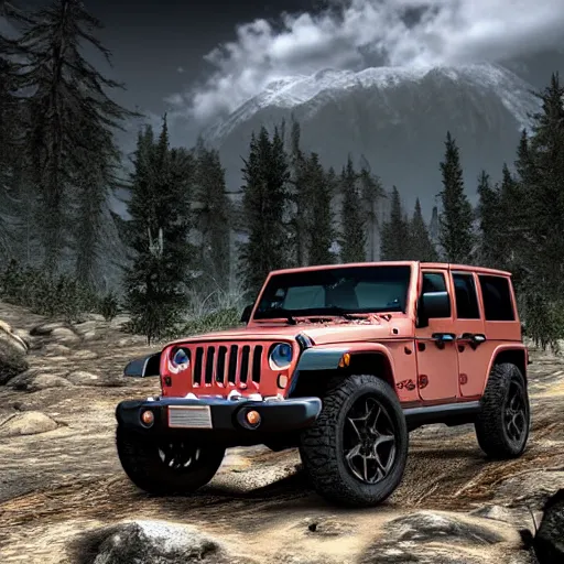 Prompt: Jeep, Professional Photography, Skyrim, Off-roading, Mountain landscape, dirt, road, cinematic color, photorealistic, highly detailed wheels, highly detailed