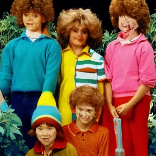 Image similar to still from 1983 children's tv show about humans in a colorful cult