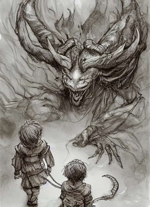 Image similar to portrait, A demon being led around on a leash by a toddler, tea party, watercolor, dramatic lighting, cinematic, establishing shot, extremely high detail, foto realistic, cinematic lighting, pen and ink, intricate line drawings, by Yoshitaka Amano, Ruan Jia, Kentaro Miura, Artgerm, post processed, concept art, artstation, matte painting, style by eddie mendoza, raphael lacoste, alex ross