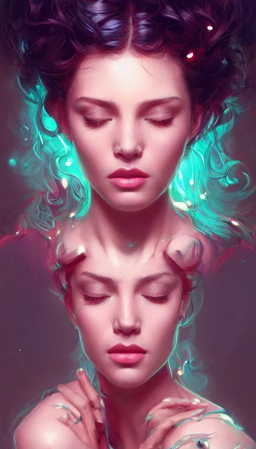 Image similar to perfect portrait of the most beautiful woman ever lived, neon, fibonacci, sweat drops, insane, pinup, intricate, highly detailed, digital painting, artstation, concept art, smooth, sharp focus, illustration, Unreal Engine 5, 8K, art by artgerm and greg rutkowski and alphonse mucha