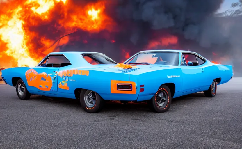 Image similar to a blue 1 9 7 0 plymouth road runner superbird driving high speed, fire explosion in the background, action scen. low camera realistic. high resolution. dramatic