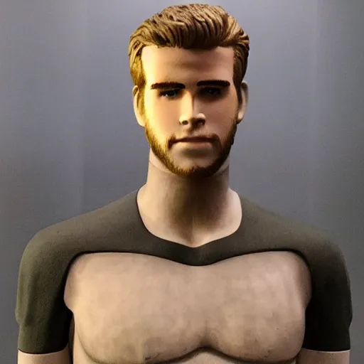 Image similar to “ a realistic detailed photo of a guy who is an attractive humanoid who is half robot and half humanoid, who is a male android, actor liam hemsworth, shiny skin, posing like a statue, blank stare, at the museum, on display ”