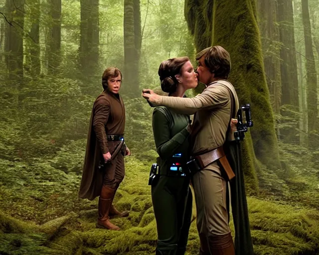 Image similar to luke skywalker, princess leia and han solo hugging and kissing in the forest of endor in a modern remake of return of the jedi