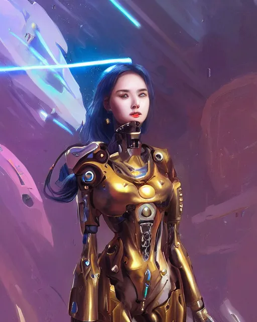 Prompt: holy cyborg girl with golden armor, elegant, scifi, futuristic, utopia, garden, colorful, lee ji - eun, illustration, atmosphere, top lighting, blue eyes, focused, artstation, highly detailed, art by yuhong ding and chengwei pan and serafleur and ina wong