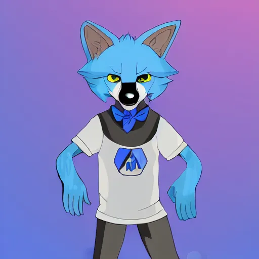 Image similar to an anthro anthropomorphic furry fursona hybrid of a blue german shepherd and a blue fox, with blue fur and blue eyes in a tee shirt, award winning digital art, trending on furaffinity, artstation, pixiv