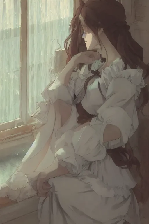 Image similar to a girl in a maid's outfit in the bedroom a night, raining outside the window, wavy white long hair, by krenz cushart and mucha and akihito yoshida and greg rutkowski and makoto shinkai and rei _ 1 7, detailed eyes, 4 k resolution