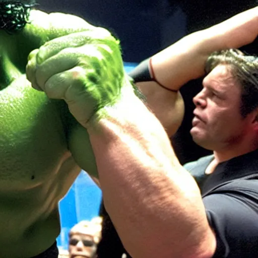 Prompt: photograph of The Incredible Hulk as WWE Champion standing in.a Wrestling ring