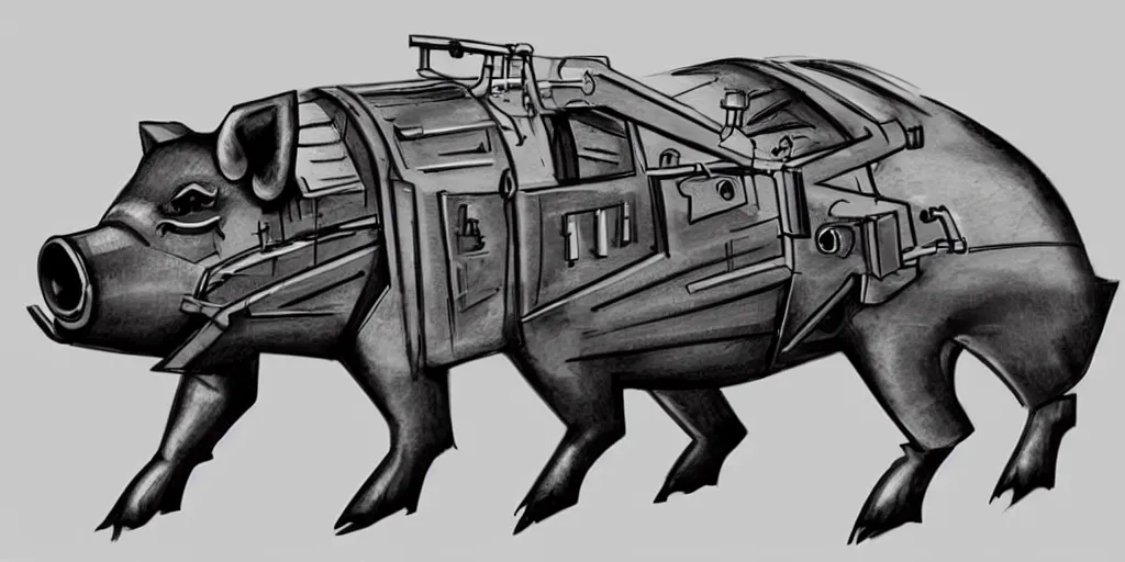 Prompt: concept art for a strong mechanized metal pig machine