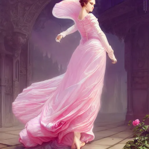 Prompt: very beautiful woman dressed in a vaporous wrapped large victorian pink roses silk semi-transparent dress fashion is running, fantasy, intricate, elegant, highly detailed, digital painting, trending on artstation, concept art, matte, sharp focus, illustration, art by Artgerm and Greg Rutkowski and Alphonse Mucha
