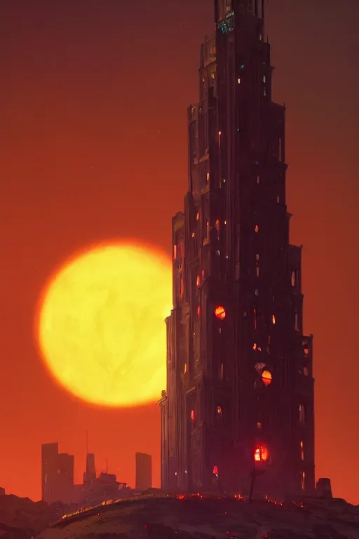 Image similar to wizard tower in downtown chicago, silhouetted by enormous bloodmoon, an epic fantasy, dramatic lighting, cinematic, establishing shot, extremely high detail, photorealistic, cinematic lighting, artstation, by simon stalenhag, horizon forbidden west