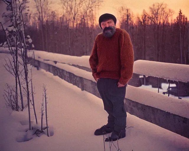 Image similar to lomographic tarkovsky film still of 4 0 years russian man with beard and sweater standing on small hrushevka 9 th floor balcony in winter taiga looking at sunset, cinestill, bokeh